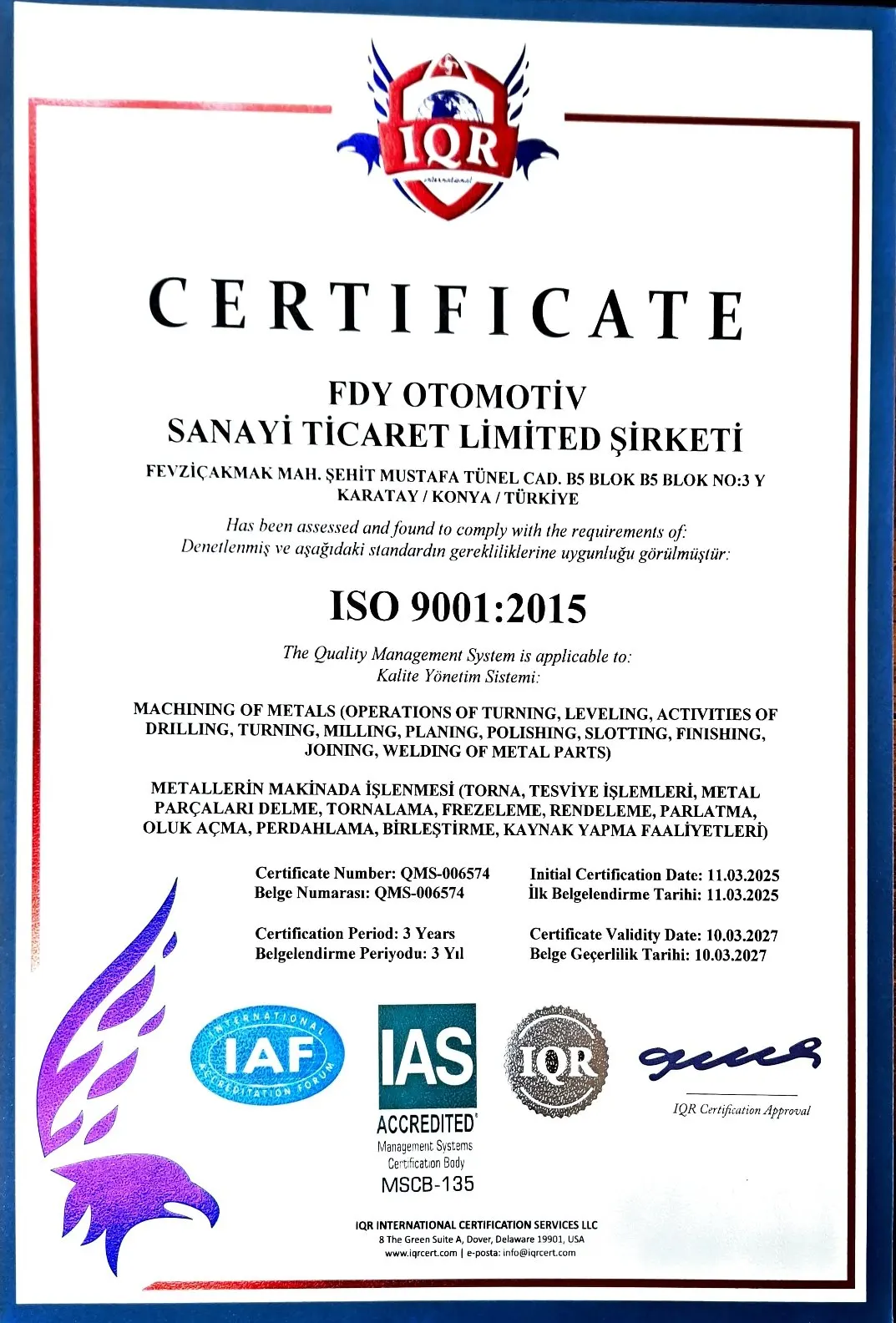 Certificato ISO FDY Automotive — foto 1