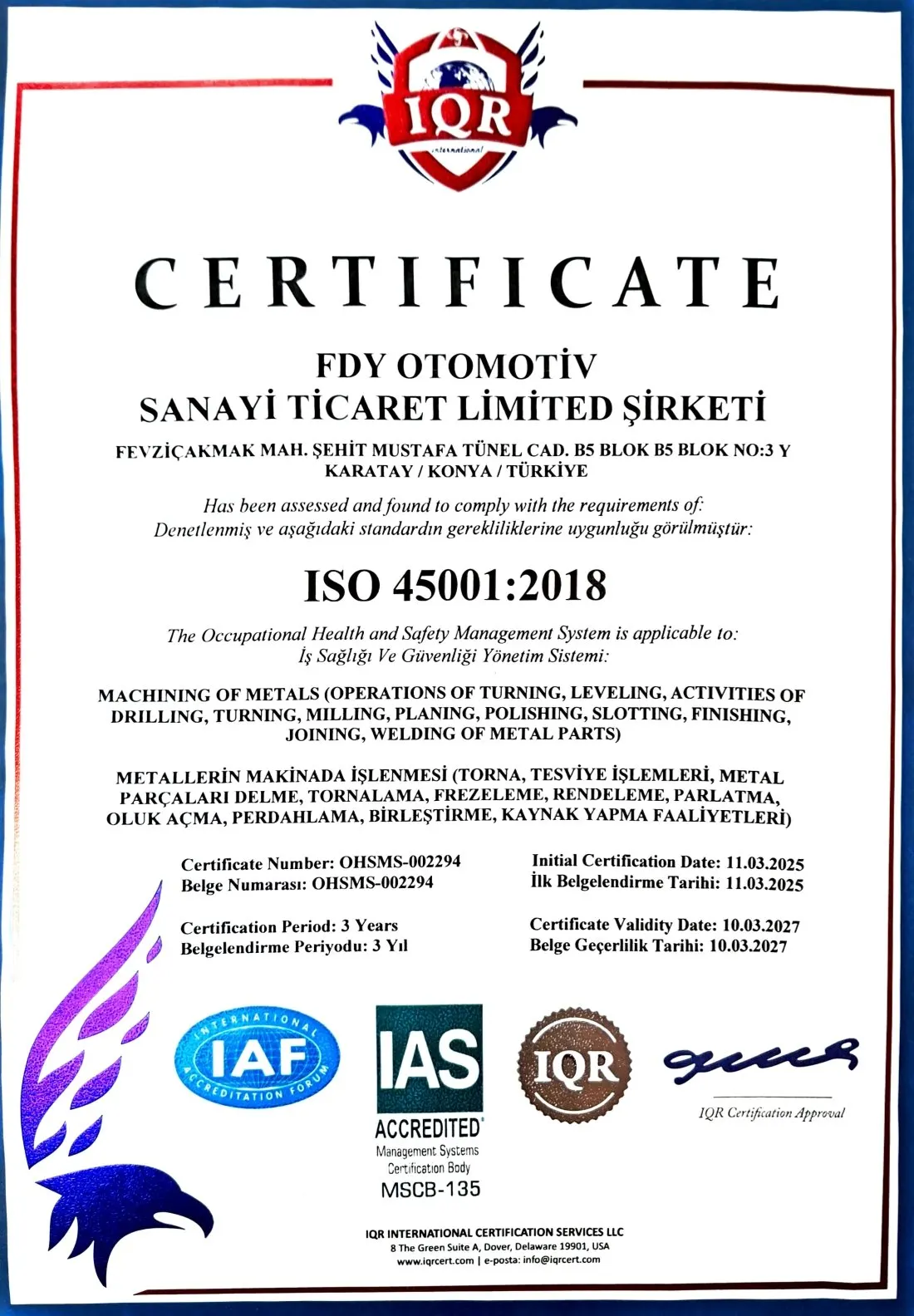 Certificato ISO FDY Automotive — foto 3