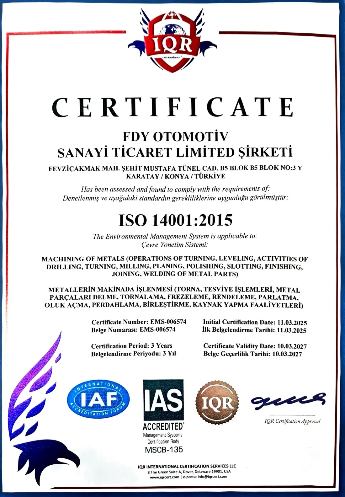 Certificato ISO FDY Automotive — foto 2